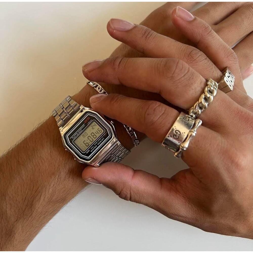 y2k, 2000s vintage retro style silver stainless steel, digital watch, adjustable
